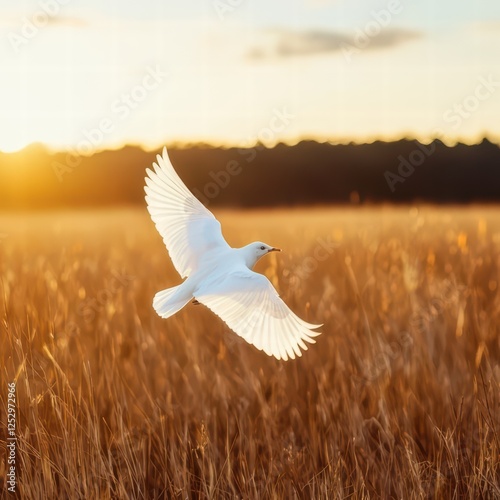 A serene white dove soars gracefully through a golden field at sunset, symbolizing peace and freedom.