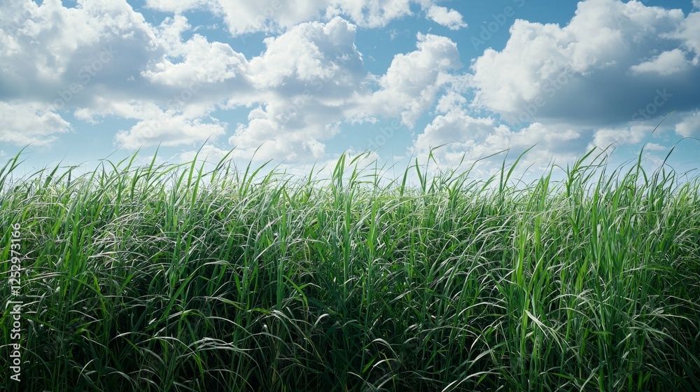 Fototapeta premium Lush Green Grass Under Bright Blue Sky with Fluffy White Clouds