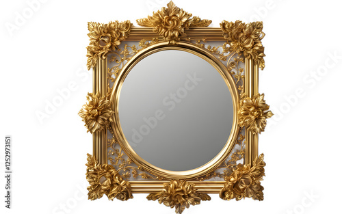 A decorative wall mirror with an intricate gold frame on a empty plain background