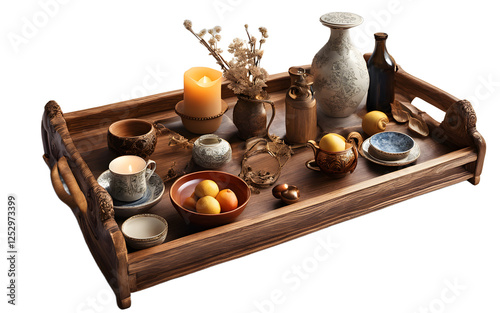 A decorative wooden tray with handles filled with decorative objects on a empty plain background photo