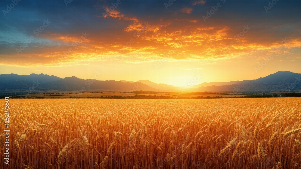 Golden wheat field at sunset with mountains in the background creating a serene landscape Golden wheat field at sunset with mountains in the background creating a serene landscape