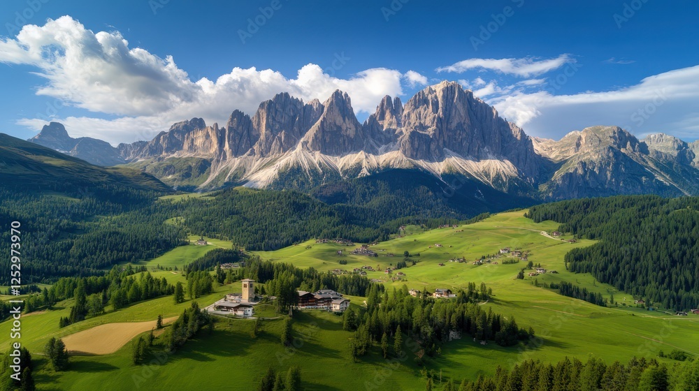 Majestic Dolomites Mountain Range and Serene Valley Majestic Dolomites Mountain Range and Serene Valley