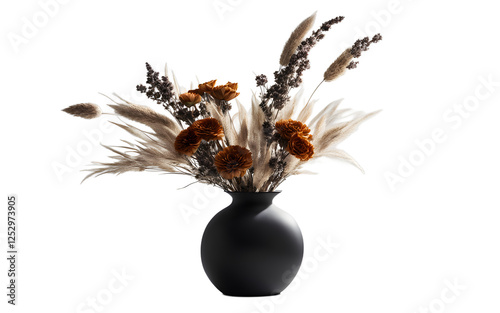 A designer vase with a matte black finish holding dried flowers on a empty plain background