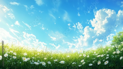 Bright Sunny Meadow with Colorful Flowers Under a Blue Sky