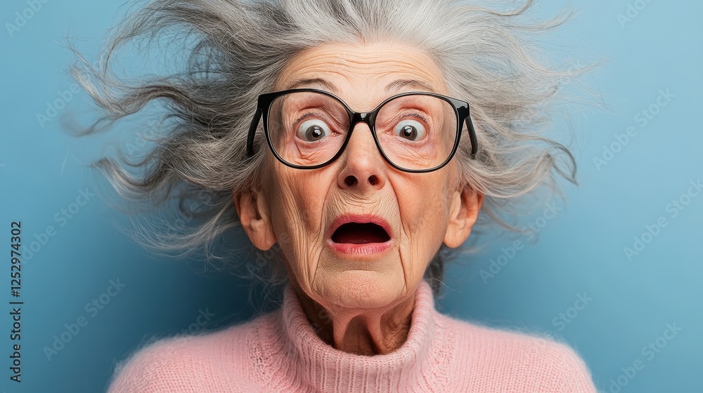 An old woman with glasses and a pink sweater is looking surprised. Concept of humor and playfulness, as the woman's expression and outfit suggest that she is not taking herself too seriously An old woman with glasses and a pink sweater is looking surprised. Concept of humor and playfulness, as the woman's expression and outfit suggest that she is not taking herself too seriously