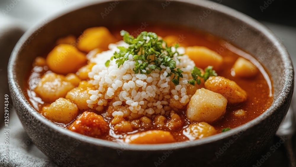 Warm and comforting stew with potatoes, lentils, and rice garnished with herbs in a rustic bowl Warm and comforting stew with potatoes, lentils, and rice garnished with herbs in a rustic bowl