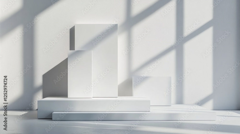 Fototapeta premium White boxes on platform, sunlit room, product display