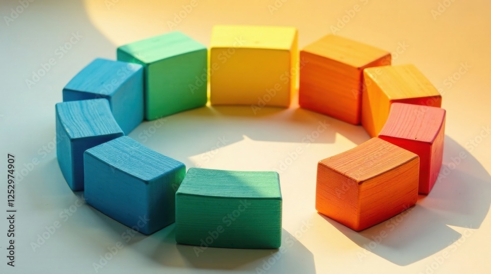 Rainbow-hued wooden blocks arranged in a circular pattern, casting vibrant shadows on a light surface Rainbow-hued wooden blocks arranged in a circular pattern, casting vibrant shadows on a light surface