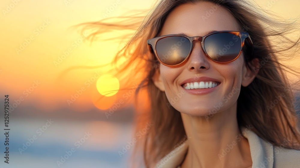Woman with long hair and sunglasses is smiling at the camera. The image has a warm and sunny mood, with the sun setting in the background Woman with long hair and sunglasses is smiling at the camera. The image has a warm and sunny mood, with the sun setting in the background