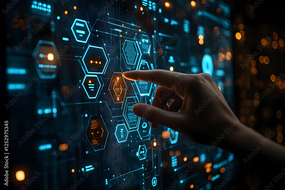 Fototapeta premium Futuristic Touchscreen Interface with Hexagonal Digital Icons and Neon Glow