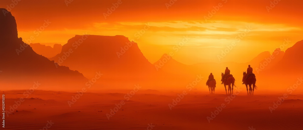 Three silhouetted figures on horseback ride through a vast desert at sunset, surrounded by dramatic mountains and a vibrant orange sky. Three silhouetted figures on horseback ride through a vast desert at sunset, surrounded by dramatic mountains and a vibrant orange sky.