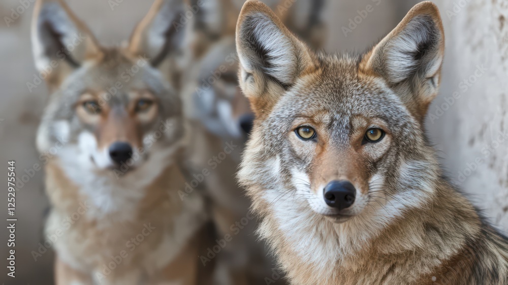 A group of coyotes gazes intently, showcasing their sharp features and keen expressions in a natural setting. A group of coyotes gazes intently, showcasing their sharp features and keen expressions in a natural setting.