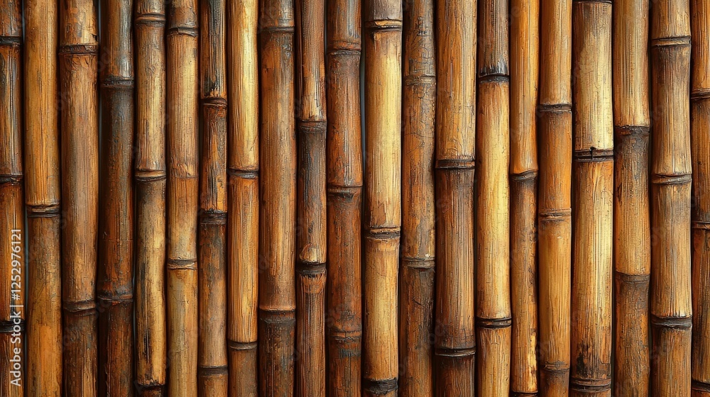 Fototapeta premium A close-up view of a textured bamboo wall, showcasing the natural patterns and earthy tones of the bamboo stalks.