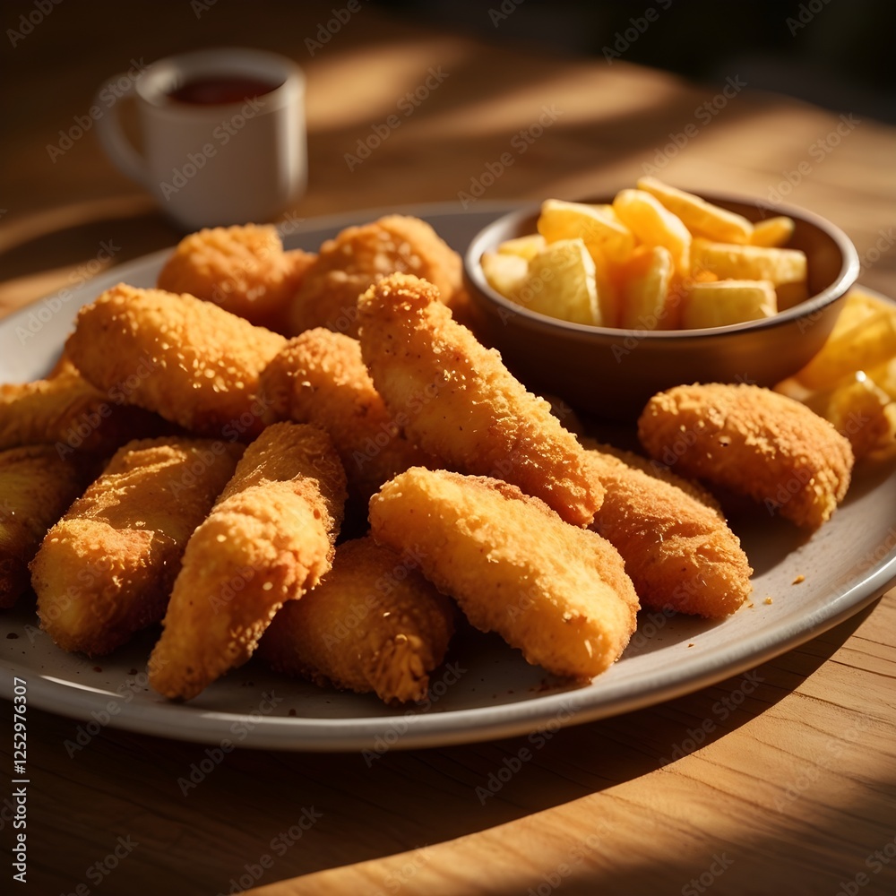 Un plato de tiras de pollo doradas y crujientes y tiernos nuggets de pollo, brillando bajo la cálida luz del sol del exterior. Un plato de tiras de pollo doradas y crujientes y tiernos nuggets de pollo, brillando bajo la cálida luz del sol del exterior.