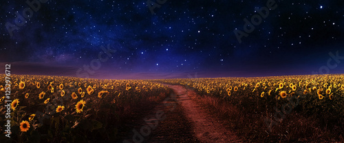 A starry sky over a sunflower field with a dirt path leading through it, showcasing the beauty of nature at night, perfect for rural and scenic photography. photo