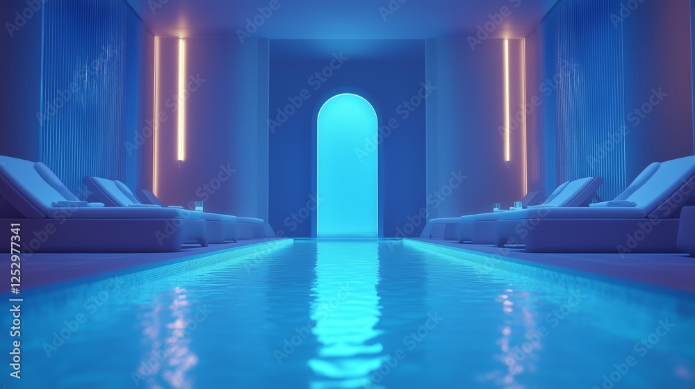 Obraz premium A luxurious indoor pool area with ambient blue lighting, elegant lounge chairs, and lush greenery, creating a serene and stylish retreat for relaxation and wellness