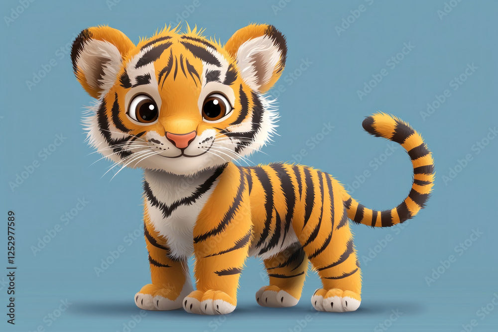 Cute tiger cub standing on blue backdrop, ideal for children's projects