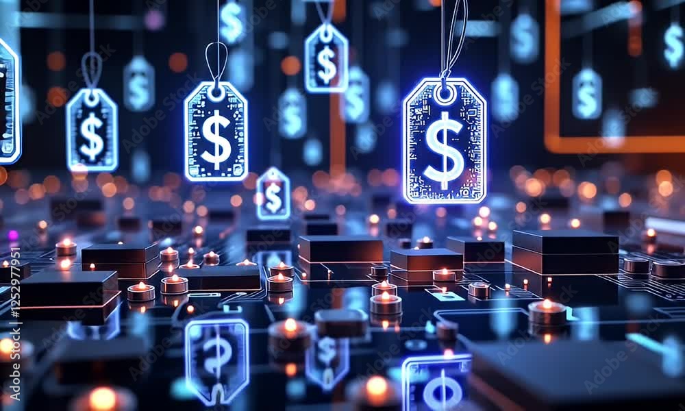 Digital currency price tags falling on circuit board; financial technology background