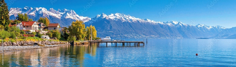 Serene lake view with mountains and houses. Serene lake view with mountains and houses.