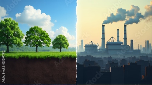 This image presents a stark contrast between two environments. On the left side, there is a vibrant and healthy natural landscape with lush green trees, clear blue skies, and fertile soil, symbolizing photo