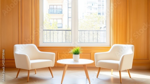 A bright, modern living space featuring two white armchairs, a round wooden table, and a small plant, with large windows allowing natural light.
