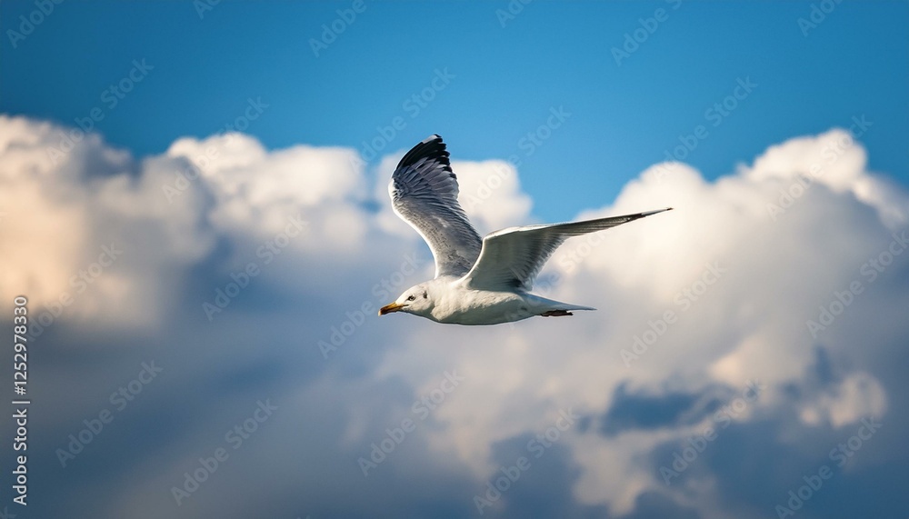 Bird in flight, seagull flying in the sky against clouds Bird in flight, seagull flying in the sky against clouds