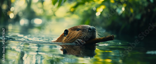 A beaver swimming through the water with a stick in its mouth, showcasing its natural behavior and life in the wild, as it navigates through a lush aquatic habitat. photo