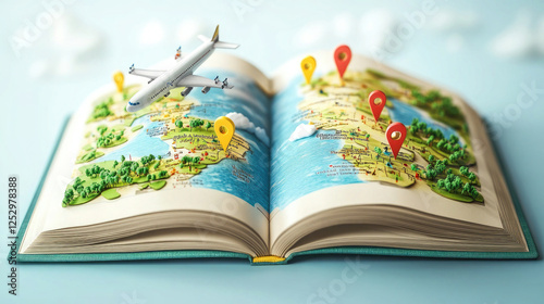 Travel Concept with Airplane on Open World Map with Location Pins