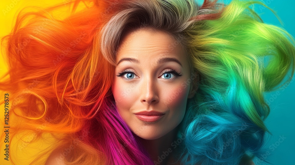 Woman with rainbow colored hair is smiling Woman with rainbow colored hair is smiling