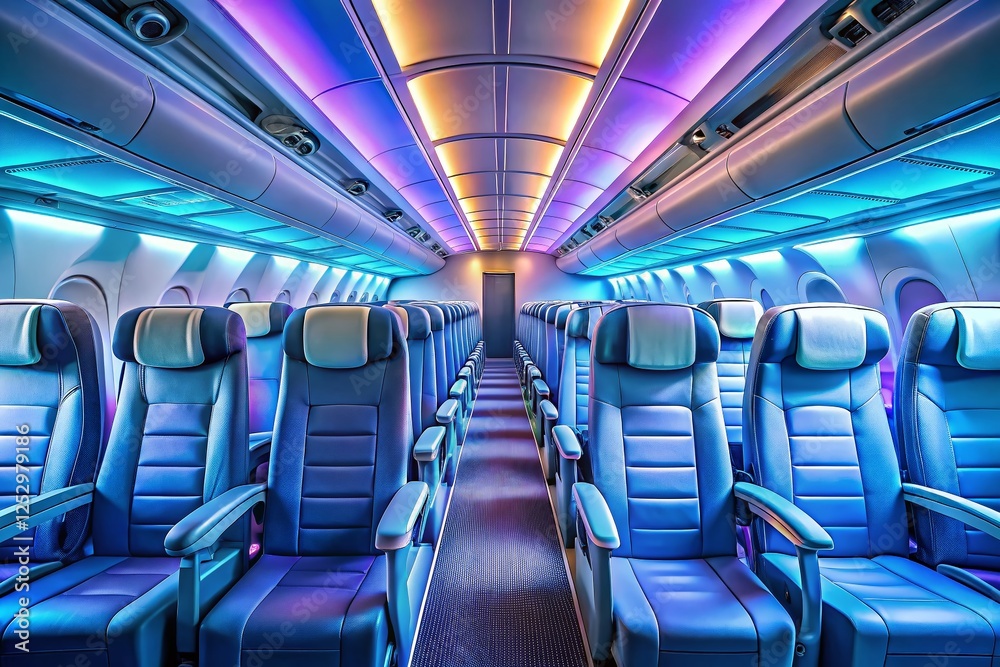 Empty Airplane Economy Class Cabin - Long Exposure Photo of Comfortable Seats and Aisle
