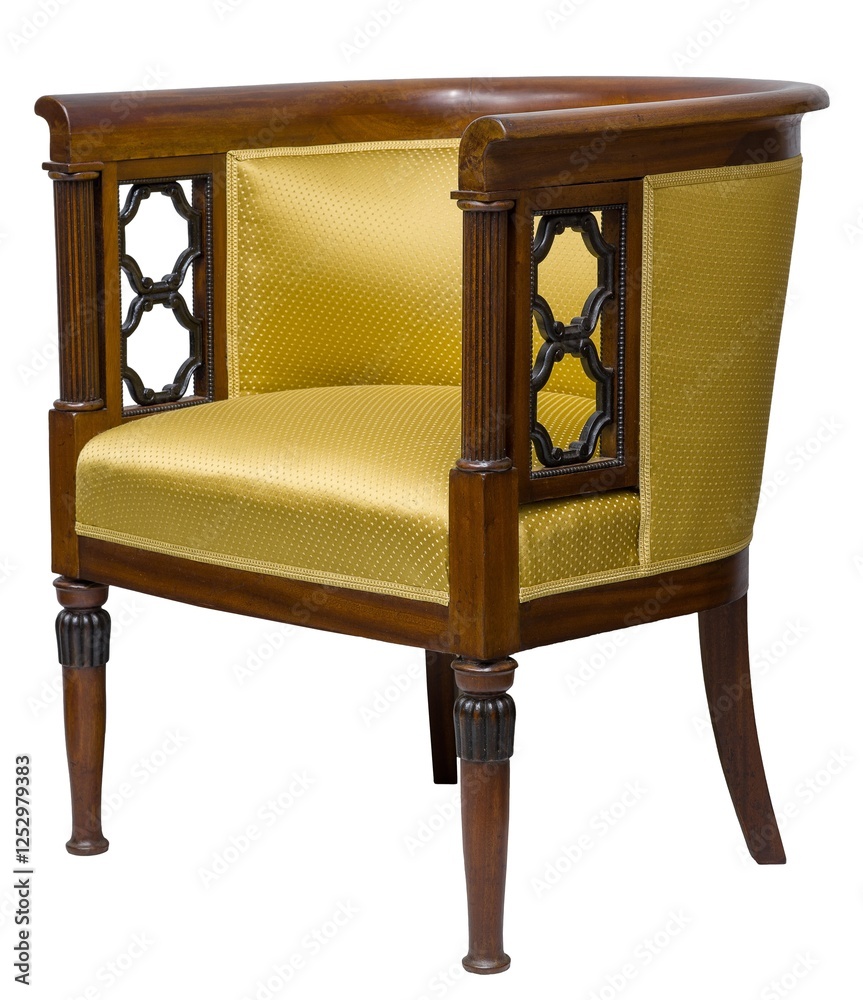 Elegant, classic armchair with a barrel back, isolated on a white background.