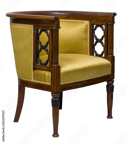 Obraz na płótnie Elegant, classic armchair with a barrel back, isolated on a white background. Wooden frame with decorative details and golden yellow upholstery. w salonie