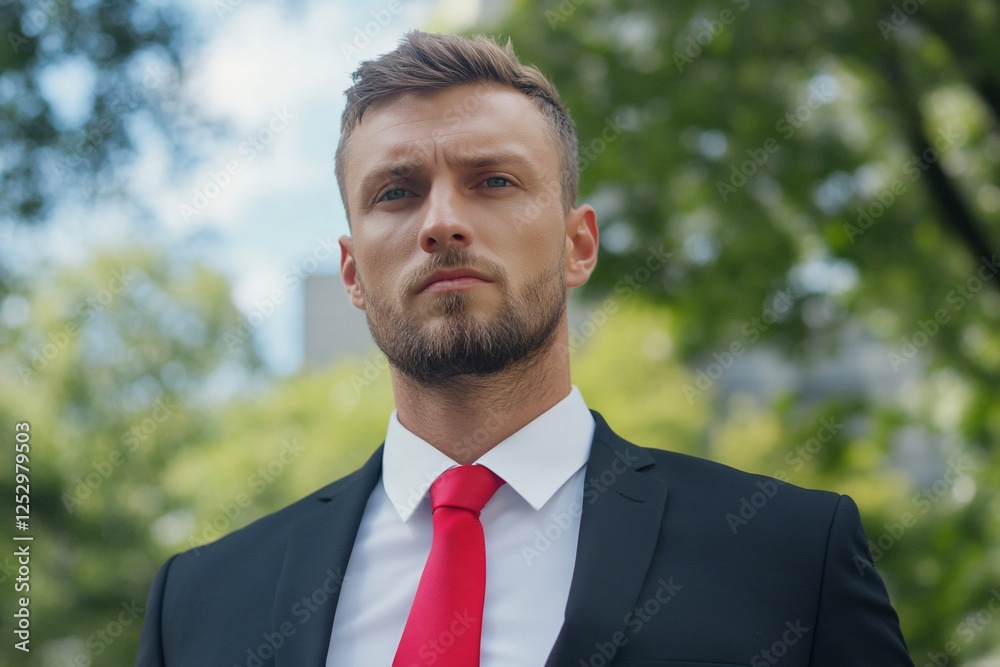 Confident businessman, city park, serious expression, outdoor meeting Confident businessman, city park, serious expression, outdoor meeting