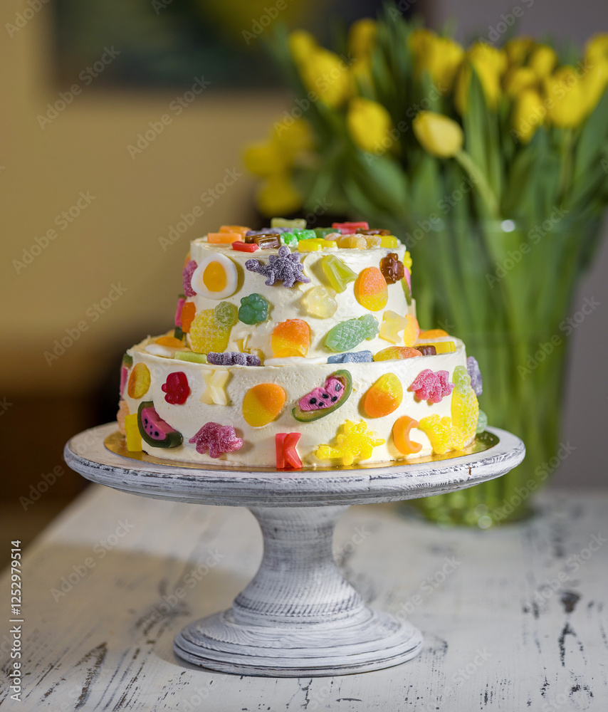 Colorful two-tiered cake decorated with candy on a rustic cake stand. Yellow tulips in the background.