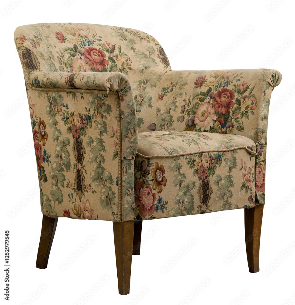 Classic, upholstered club chair with a floral pattern, isolated on a light gray background. Rounded back and rolled arms. Comfortable and traditional design.