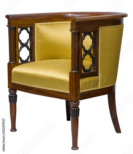 Obraz na płótnie Elegant, classic armchair with a barrel back, isolated on a white background. Wooden frame with decorative details and golden yellow upholstery. w salonie