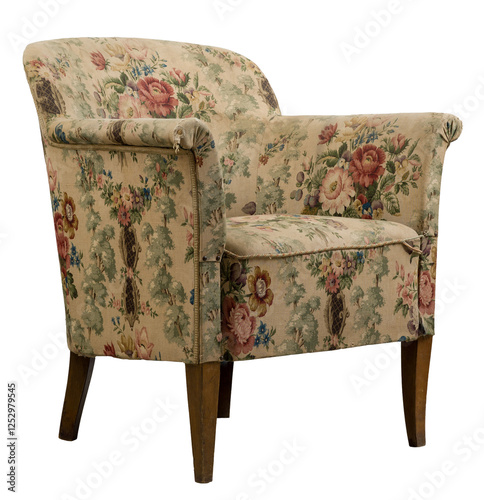 Obraz na płótnie Classic, upholstered club chair with a floral pattern, isolated on a light gray background. Rounded back and rolled arms. Comfortable and traditional design. w salonie