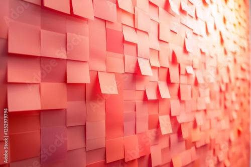 Close-up view of a wall covered with bright orange sticky notes, showcasing creativity, organization, and the use of notes for reminders, brainstorming, or project planning. photo