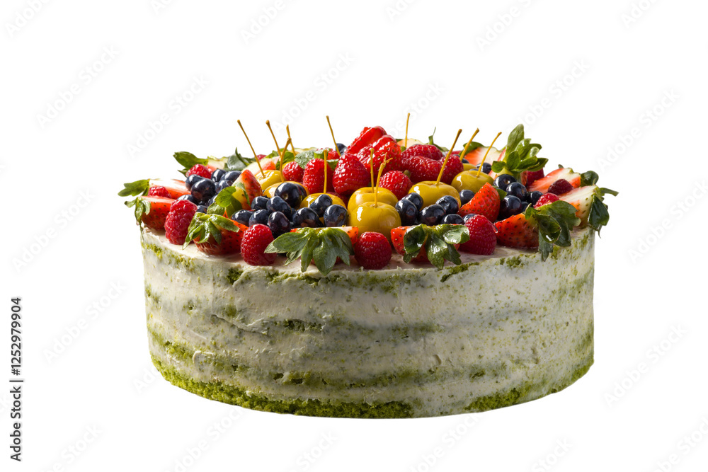 Delicious layered cake with light green frosting and fresh berries. Rustic and homemade look.