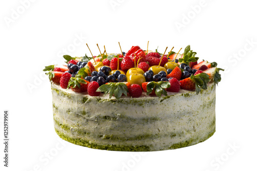 Obraz na płótnie Delicious layered cake with light green frosting and fresh berries. Rustic and homemade look. w salonie