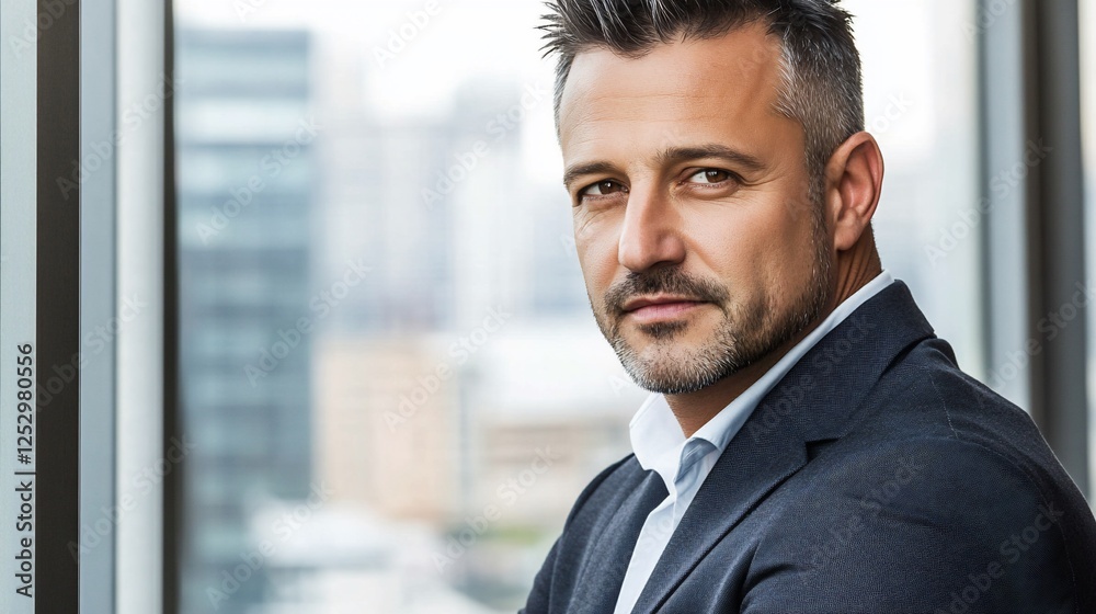 Confident businessman near window, city view. Portrait for corporate use Confident businessman near window, city view. Portrait for corporate use
