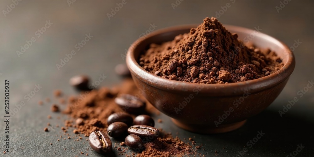 A rustic bowl brimming with rich cocoa powder, accompanied by several roasted cocoa beans scattered on a dark surface. A rustic bowl brimming with rich cocoa powder, accompanied by several roasted cocoa beans scattered on a dark surface.