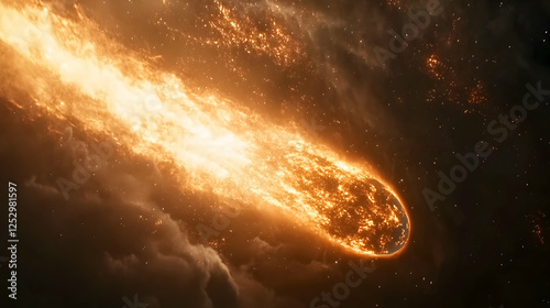 A blazing comet streaking through the cosmos, its fiery tail illuminating the surrounding space as it travels at high velocity.