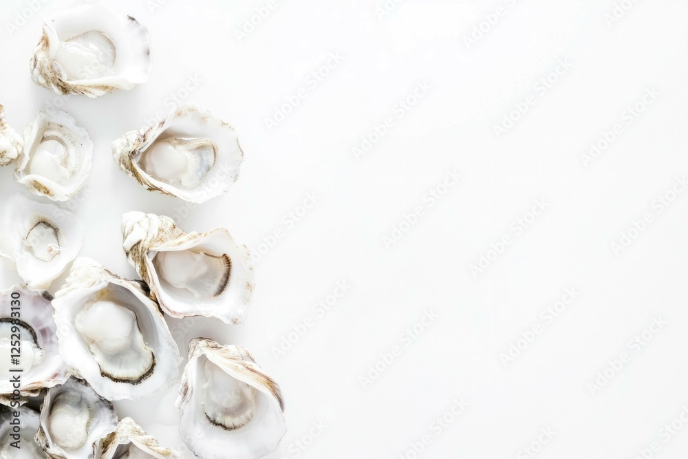 Fresh oysters arranged on a clean white background, showcasing their natural beauty and texture, perfect for seafood lovers and culinary enthusiasts Fresh oysters arranged on a clean white background, showcasing their natural beauty and texture, perfect for seafood lovers and culinary enthusiasts