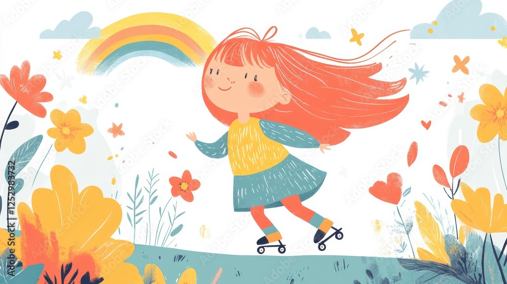 Vector drawing of spring landscape, flowering meadow, sun and rainbow, roller skate girl, multicolor cartoon, children's drawing, seamless border Vector drawing of spring landscape, flowering meadow, sun and rainbow, roller skate girl, multicolor cartoon, children's drawing, seamless border