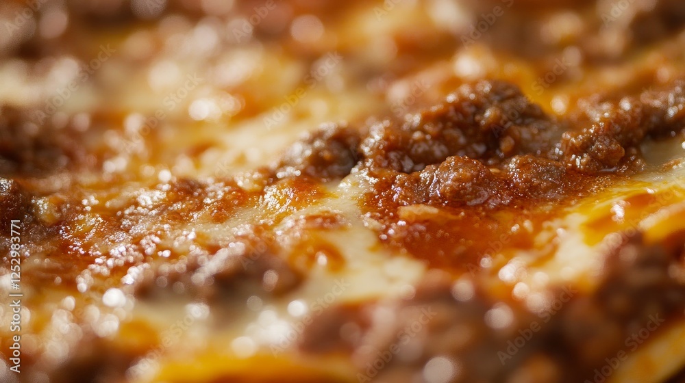 A substantial close-up of classic lasagna with cheese and a thick Bolognese sauce made with minced beef A substantial close-up of classic lasagna with cheese and a thick Bolognese sauce made with minced beef
