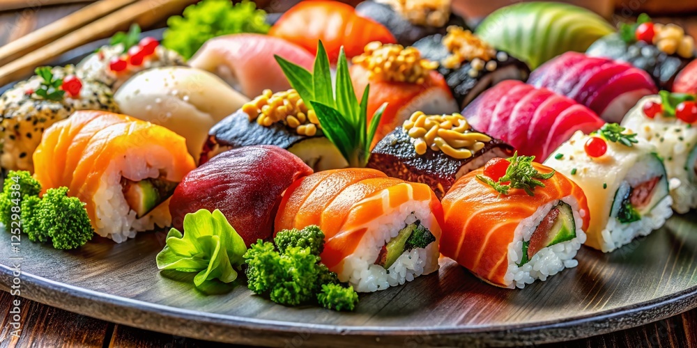 Exquisite Sushi Platter: A Candid Close-Up of Fresh, Vibrant Seafood Exquisite Sushi Platter: A Candid Close-Up of Fresh, Vibrant Seafood