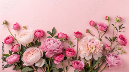 Peonies, roses on pink background with copy space