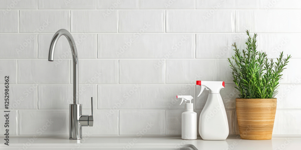 Risk Control of Bacteria concept. clean kitchen featuring modern faucet, antibacterial soap, and potted plant creates fresh atmosphere Risk Control of Bacteria concept. clean kitchen featuring modern faucet, antibacterial soap, and potted plant creates fresh atmosphere