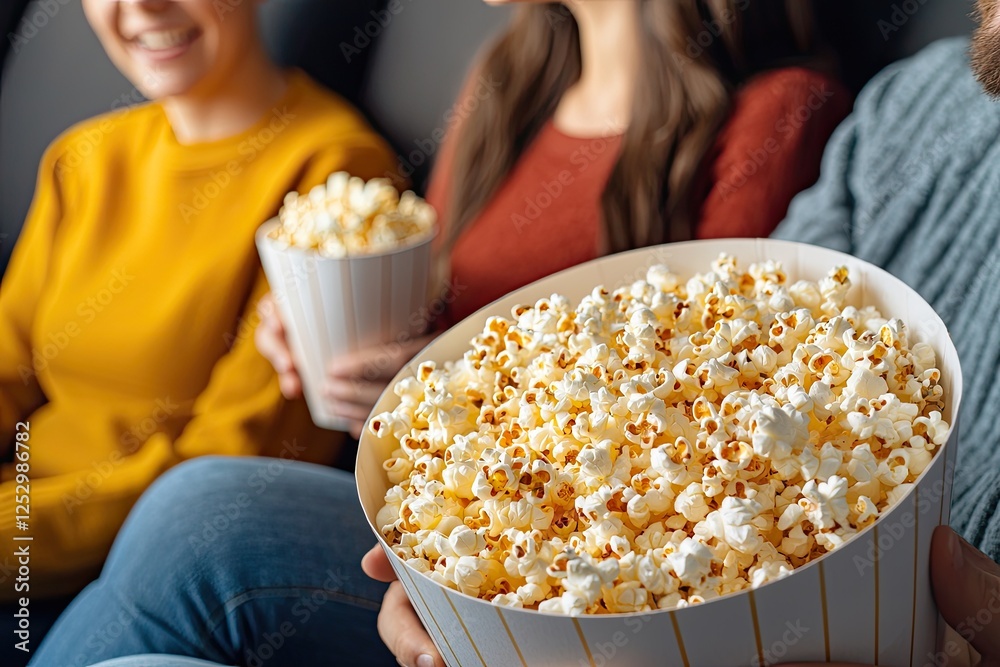 Friends enjoying popcorn in a cozy setting, ready for a movie night, surrounded by laughter and fun.